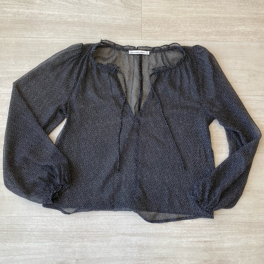Abercrombie & Fitch Womens Sheer Polka Dot Blouse Size S Black White Long Sleeve